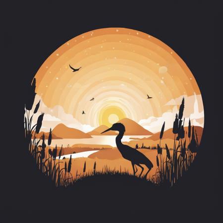 <lora:xl_Circular style-000018:1>,Circular style, bird, silhouette, solo, sunset, sun, sky, grass, 1girl, cloud, no humans, scenery, glowing