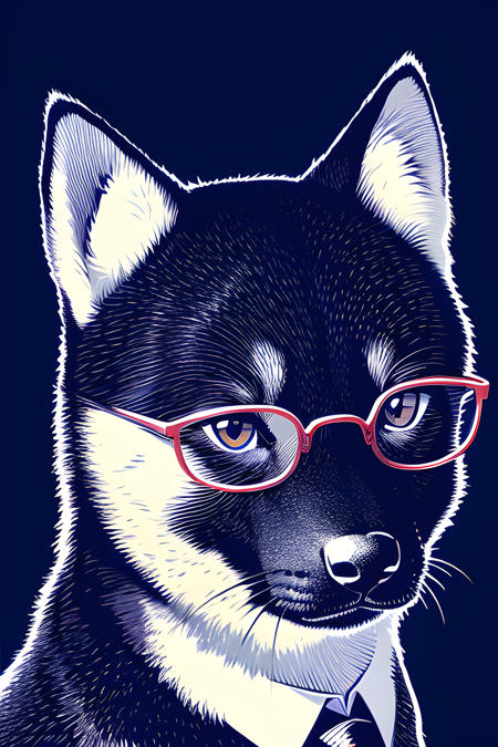 masterpiece, ((close-up portrait)), ballpoint pen drawing,（blue background), a drawing shiba inu dog portrait, wear glasses