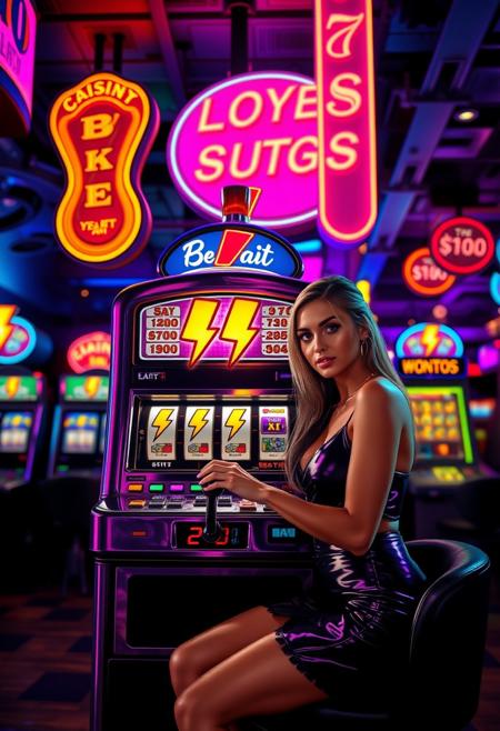 /imagine prompt: In a neon-lit casino filled with vibrant, realistic energy, the walls glow with signs in striking hues of deep blue, rich purple, and electric pink, casting a colorful ambiance over the scene. At the center, a vintage slot machine stands gleaming under the shifting lights. The machine’s rollers spin rapidly, then begin to slow, revealing three cartoon-style lightning bolts in perfect alignment on the reels. Each bolt is a vivid yellow, pointed at both ends with five sharp points, glowing intensely against the dark background of the reels. Seated in front of the machine is an attractive young woman, depicted with lifelike detail—her expression a mix of excitement and focus as she grips the lever. She’s dressed in a modern, stylish outfit that reflects the surrounding neon light, her eyes locked on the glowing bolts as they line up on the rollers. The atmosphere is charged with tension and the anticipation of a big win. The surrounding casino buzzes with the realistic sounds of clinking coins, distant cheers, and the hum of other machines, all blending into the background as this pivotal moment unfolds. The lighting is vibrant yet realistic, creating a dynamic contrast between the soft glow of the neon lights and the sharp details of the scene. --ar 16:9 --v 5 --style realistic --quality 10