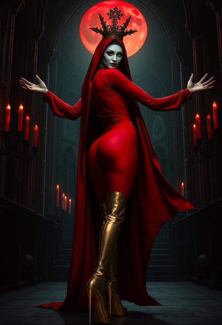 ((score_9, score_8_up, score_7_up)), (((character design, sci-fi warrior women, feminine power, perfect anatomy))), 
An enigmatic figure of a (occult)nun(caucasian), her red (skintight_sealed_bodysuit)habit sexy, conducting a sensual occult ritual inside a dark cathedral at (red)midnight. Her (eyeless)mask, elaborate crown, (fully)conceals her identity, adding to her mystique and allure. gold stiletto platform thigh boots, big breasts, tiny waist, flat abs, naughty, looking at viewer, seducing with her body, dancing towards viewer with her arms extending up, sexy ass seductive wide hips, butt cheeks, twerk, huge perky breasts, in the style of a vintage, high-contrast setting. Emphasize theatrical elements with a bit of bright colors against dark, moody backgrounds
,big butt, booty, bubble butt, <lora:add-detail-xl:2>