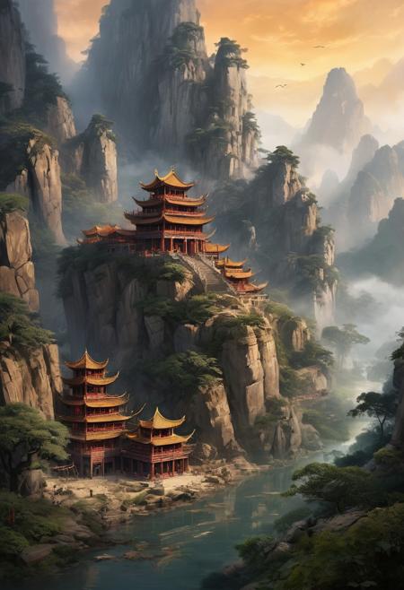 Envision a serene and tranquil idyllic retreat nestled within the ethereal beauty of ancient Xianxia-themed mountains, where misty clouds delicately wrap around the peaks, creating an otherworldly atmosphere. The landscape is dotted with ancient architecture, reflecting the elegance and refinement of a cultivation sect's stronghold. Here, mystical energy flows through enchanted forests, where immortal mountains and rivers harmonize with the natural world, fostering an environment perfect for the pursuit of martial immortality. The scene is populated with mystical creatures, adding a touch of wonder and magic to this Chinese ancient Xianxia-themed paradise., Don't be real, oil painting, done with japanese brush technique, realistic, extreme detail, scary, terrifying, dark and warm environment, 8k, looking at viewer, looming, Comic style
<lora:add-detail-xl:1> <lora:xl_more_art-full_v1:0.5>  <lora:looking_at_viewer:2>