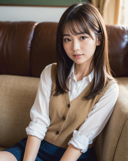 best quality, face focus, soft light, ultra high res, (photorealistic:1.4), RAW photo,
1japanese girl, solo, cute, (shy smile:0.5), (brown eyes, lights in the eyes),  detailed beautiful face, (small chest),(high resolution detail of human skin texture),
(long hair),
sit couch,
school uniform, vest, skirt