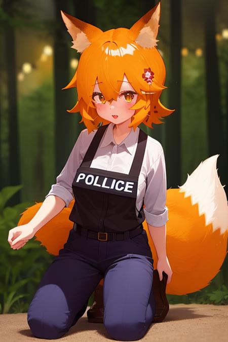 (dark forest:1.3), night, <lora:senkoLora_v4:1> 1girl, sen, animal ears, fox ears, fox girl, fox tail, hair flower, hair ornament, orange eyes, orange hair, short hair, tail, looks the viewer, full body, (police uniform:1.3)