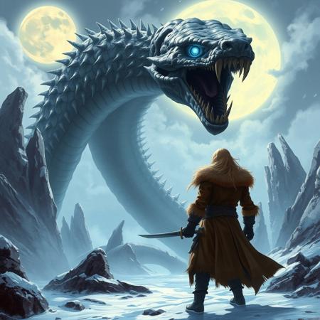 Theme: Fantasy, epic confrontation, mythical creature.
Characters: Human figure facing a massive serpent.
Human: Long blond hair, fur-lined brown coat, gloves, sword in hand.
Creature: Enormous skeletal snake, cracked texture, glowing blue eyes, sharp fangs, intimidating posture.
Setting: Snowy landscape, jagged rock formations, ethereal atmosphere.
Background: Full moon glowing brightly, misty clouds, icy tones.
Mood: Tense, ominous, awe-inspiring.
Action: Human standing firm, serpent looming menacingly.
Style: Dramatic, detailed, high fantasy illustration.