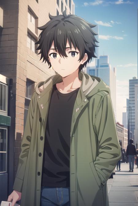 shuu ogata, short hair, black hair, hair between eyes, male focus, (black eyes:1.3), shirt, jacket, open clothes, open jacket, black shirt, green jacket,