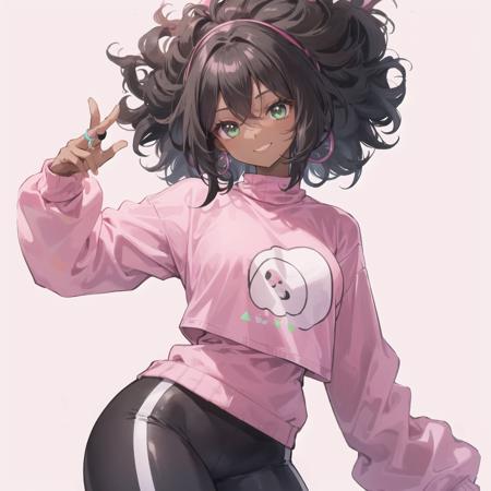 1girl, dark-skinned woman, solo, large black afro hair, wearing a seamless fully pink Nylon outfit with pink leggings , pink tight-fitting sweater, no logos, long afro hair, green eyes, large ring earrings, smile, jewelry, looking at the viewer, earrings, Black hair,