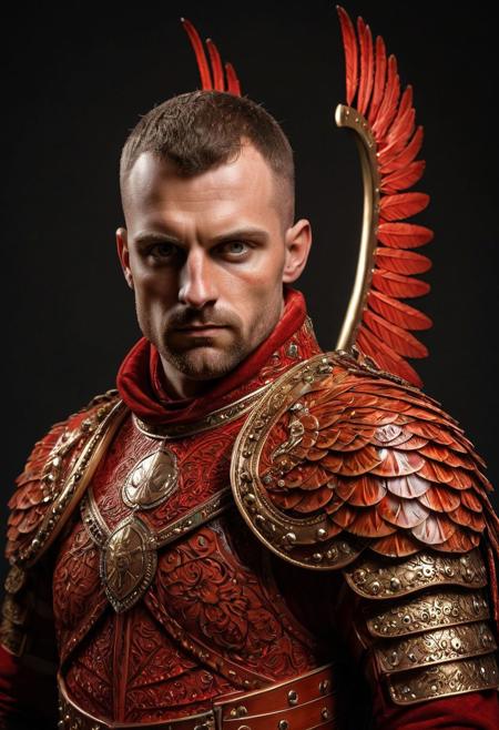 dual winged hussars, ornate red stylized wings on back of man, 2 large hussar wings behind back, undercuthaircut, Photorealistic oil painting of (Handsome:1.1) (Polish) (Irish) (Slavic) (bright sapphire eyes) (half-dragon warrior-prince:1.2) with (intricate metallic red brass scales seamlessly melded into arm and neck:0.9), 28-year-old, (darkblonde undercut hair:1.1), (medieval fantasy clothing:1.2), grimdark fantasy, (medieval) fantasy, high fantasy, epic fantasy, (upper body:1.3) (medium shot:1.3) taken with (fujifilm xt3:1.1), film grain, dark style, raking light dramatic hard shadows, (dramatic lighting:0.9), material contrast, cinematic composition, intricate details, masterpiece, visually stunning, evocative, vivid deep hues, brass, red runes, (body transformation:1.2), <dhevv:ds-style:rsd1.5>, realistic eyes, scaleborn, scales, undercut, royal, red armor, symmetrical armor, large nose, wide nose, wide nosebridge, tallnose, dour expression, full beard, strongman, raised eyebrow