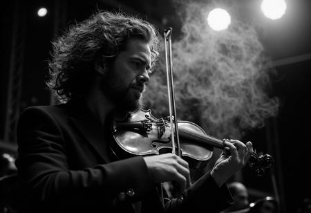 Close-up of a violinist with curly hair and a beard under the lighting of a spotlight, playing in a daze amidst abundant smoke, the violin strings are lit with small flames, the orchestra blurred in the background, majestic theatre. Violin solo, blacknwhite