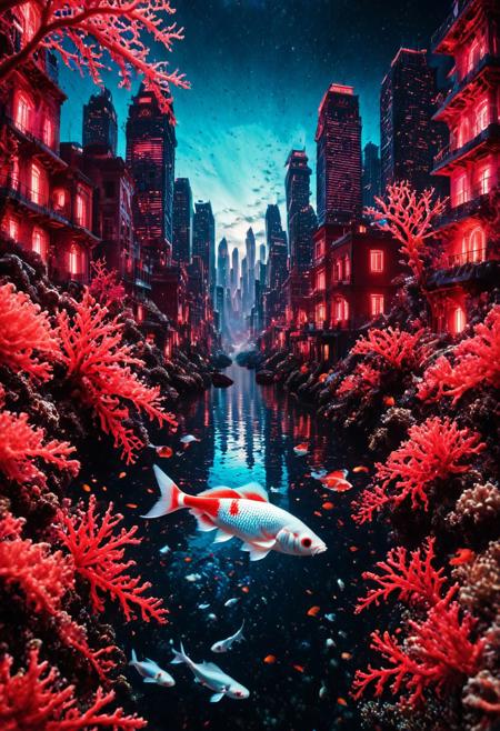 masterpiece, best quality, very aesthetic, absurdres,(score_9, score_8_up, score_7_up), createconcept, addmicrodetails, epic background, underwater cityscape landscapes with colorful red corals buildings, a (fish) covered in red corals, glowing eyes, vivid eye color, (beautiful eyes:1.2), (gradient iris, crisp iris edges), confident pose, action dynamic pose, lazypos, underwater, under water,
