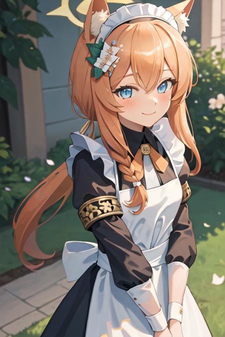 best quality, masterpiece, highres, solo, {maid:1.40}, {long maid dress:1.15}, {mari_bluearchive:1.15}, long_hair, orange_hair, flower, blue_eyes, halo, bangs, blush, animal_ears, hair_ornament, animal_ear_fluff, hair_flower, smile, hairband, white_hairband, hair_between_eyes