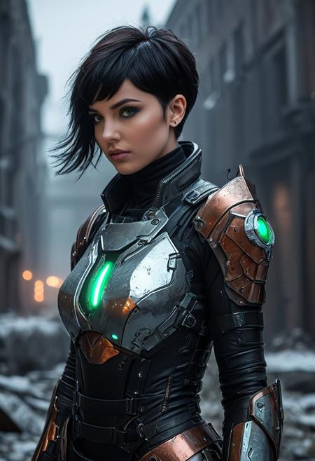 (masterpiece, ultra-detailed, best quality), 1girl, dynamic angle, A futuristic sci-fi female character inspired by the elegant silhouette of a Victorian dress, reimagined as a cybernetic battle suit. She has a round face with a determined look. Her eyes are metallic copper. She has black hair inna pixie cut hair with a metallic copper streak, her hair partly covers one eye. The outfit is mostly copper metal and black, detailed with jade stone elements. Her design emphasizes advanced technology, with small glowing green accents and a sleek, functional aesthetic. She stands in a post-apocalyptic cityscape filled with crumbled buildings, overgrown evergreens, holly, ferns. The landscape is dusted with snow and frost. Dappled light. The atmosphere is somber yet empowering, illuminated by natural light with focused highlights that reflect off the metallic components, creating a sharp contrast against the muted gray and green tones of the environment. The setting conveys despair but also determination to fight and survive. Style influences: Greg Rutkowski, Artgerm, WLOP. High detail, ultra-realistic textures, sharp focus, cinematic lighting, sci-fi themes, post-apocalyptic aesthetic, SilverPulse