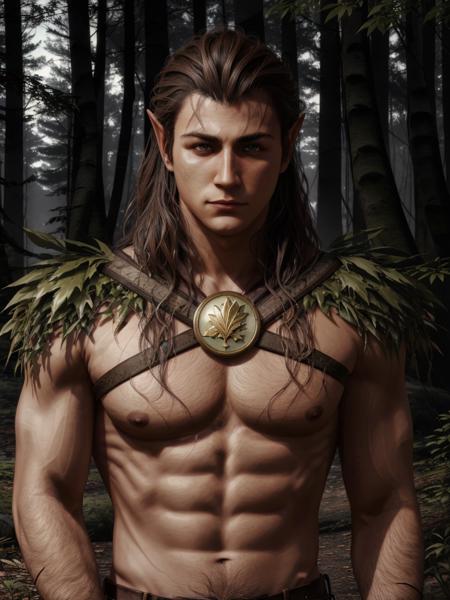 HalsinBG, 1boy, pointy ears, realistic, naked upper body, forest background, <lora:HalsinBG:0.7>