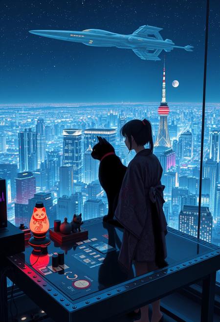Jiji, the cat from Kiki's Delivery Service sits on a cluttered metal riveted desk with transparent top and rgb led computer components visible inside, On the desk are a maneki neko statue and a lava lamp, Jiji the Black Cat is looking out of a seamless and futuristic floor to ceiling window that looks out at a very high view from an apartment on the 400th floor of a futuristic Tokyo skyscraper, the year is 2250, The city has thousands of enormous wide and tall futuristic skyscrapers and space ships covered with lights in the sky, (((Kiki from Kiki's Delivery Service, 24 years old, is standing next to the cat looking out at the enormous city at night, filled with buildings of many shapes and sizes, some over a mile tall))), Kiki is dressed in an ornate Japanese style bath robe. An enormous starship with futuristic lighting and design is visible high above the city, and a space station is visible in the background among the stars, The woman's hair is messy from just waking up and tied up with a ribbon. Artistic cyberpunk, dynamic perspective, The focus is on Jiji and Kiki standing together looking out the window at the view together, (((overall architectural aesthetic is Art Deco Cyberpunk))).  Mt Fuji can be seen in the far distance,