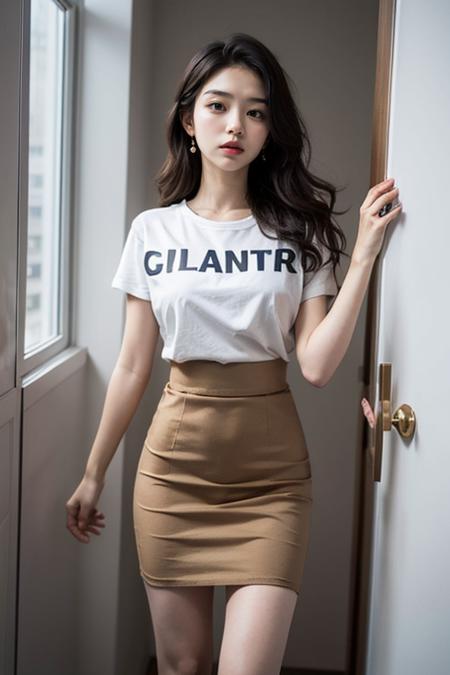 1girl,white t-shirt,office,ss pencil skirt,standing,
 <lora:ss pencil skirt:0.7>