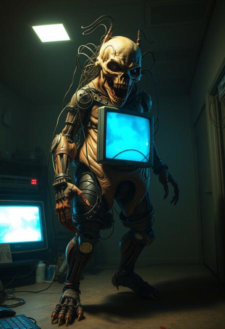 A terrifying biopunk creature, cybernetic body horror, dark room, screen glow, cables and wires, fat Fleshy undead beast