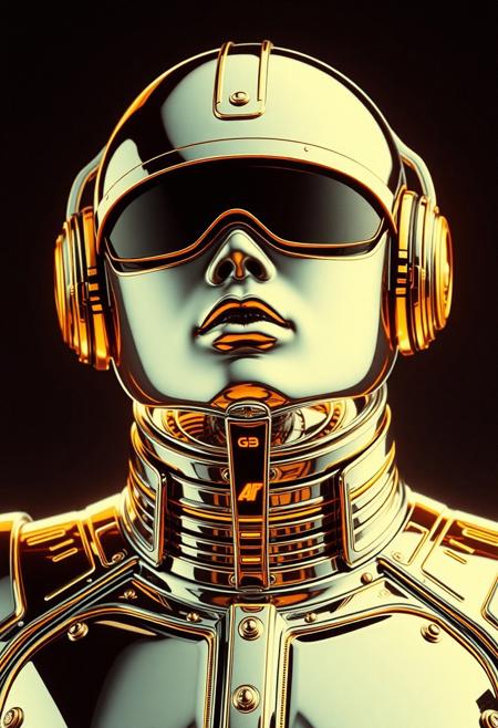 Avant-garde , Robert T techno style ,1970s retro futurism , chrome and Gold