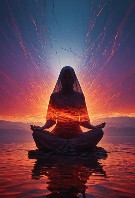 powerful image of a buxom feudal ninja, draped in flowing feudal garb, large sedge-hat, meditating in lotus position upon an endless, sunless expanse. As she hovers, an aura emanates from her, growing in intensity as it extends beyond her Till it explodes in the far, reminiscent of expanding ripples of sound. The neon hues of her aura paint the air, a vivid testament to her inner strength and focus. creating a hyperpunk scene with desaturated translucent DARK Red and beige details, colorful (polaroid:0.7) with vibrant colors, (vacations, high resolution:1.3), (small, selective focus, european film:1.2), (sexual advance:1.1), closeup
Abstract illustration, surreal fractured landscape, twilight sky with deep indigo to fiery orange gradient, towering geometric shapes resembling shattered glass and steel beams, inner light glowing within structures, dark polished surface reflecting light, ethereal swirling fog in muted purples and blues, vibrant golds and reds in the distance, bursts of light and shadow creating dynamic contrast, white beam of light piercing the sky symbolizing memory and hope, abstract expressionism and digital futurism hybrid, bold colors with intense reds, blacks, golds, and silver, light casting long stretched shadows, broad sweeping brushstroke textures enhanced with digital precision, mist swirling at the base of the scene, radiant sky evoking reflection and honor, powerful and dramatic atmosphere, emotional tribute to 9/11 without banality or figures.