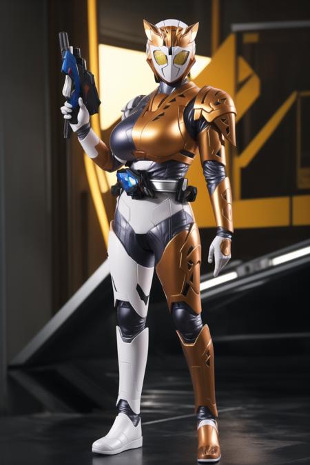 (masterpiece,best quality,4k,8k)kamen rider valkyrie RC, (1girl, solo, mature female,large breasts), looking at viewer, animal ears, standing, full body, yellow eyes, armor, science fiction, tokusatsu, female focus, kamen rider,belt,holding gun, handgun, <lora:kamen_rider_valkyrie_RC-10:0.7>