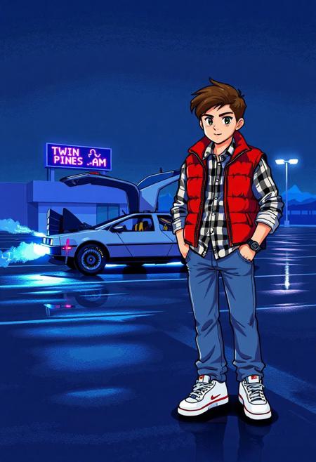 pixel art image inspired by 'Back to the future,' featuring the iconic DMC DeLorean. To the right, A teenage boy with a confident, slightly rebellious attitude. He has a lean build, short brown hair styled in a casual, feathered manner, and expressive eyes. He wears a signature layered outfit: a red puffer vest over a light blue denim jacket, with a white and black plaid button-down shirt underneath. His jeans are slightly faded and straight-cut, and wears white Nike sneakers with red swooshes. On his wrist is a digital watch.
A dramatic, cinematic nighttime scene outside the Twin Pines Mall parking lot, glowing under the harsh, bluish light of overhead street lamps. The vast, empty lot stretches into the distance, wet pavement reflecting the cool light and adding a glossy sheen. In the background, the DeLorean is parked with its gull-wing doors open, steam and sparks rising from its body as it emits glowing blue electrical arcs. Its tires glow with fire trails, hinting at a recent jump through time. Behind it, the mall sign reads “Twin Pines Mall” with the time "1:16 AM" lit in digital numbers. The horizon glows faintly with lightning flashes, and distant mountains loom in silhouette. the atmosphere capture the thrill and mystery of time travel. limited retro color palette (8-bit or 16-bit), dithering for shading, and clean, blocky pixel lines for a nostalgic 80s-90s video game aesthetic. Keep details simplified with visible pixels for an authentic pixel art style.