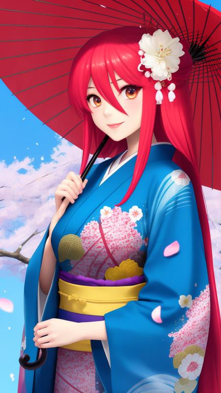 1girl, solo, upper body, character focus, perfect eyes,
1girl, long hair, huge breasts, japanese clothes, solo, umbrella, kimono, cherry blossoms, flower, hair ornament, red eyes, oil-paper umbrella, red hair, hair flower, petals, pink kimono, very long hair, shana, sash, day, outdoors, obi, smile, sky, floral print, hair between eyes, holding, looking at viewer, blue sky, standing, wide sleeves, holding umbrella, tree, long sleeves, 
perfect slick hd hq haze, face details, (dynamic pose), beautiful detailed skin, sunbeam, majestic scene,   
light particles, lens flare,