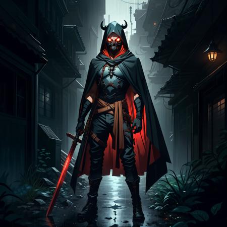 photorealistic, (hyperrealistic:1.2), beautiful, masterpiece, best quality, extremely detailed face, perfect lighting, full body,  WarriorStyle-1000,    weapon, sword, holding, holding weapon, holding sword, horns, rain, skull, solo, glowing, red eyes, 1boy, cloak, glowing eyes, standing, male focus, gloves, hood, boots, hood up, 1other, full body, mask