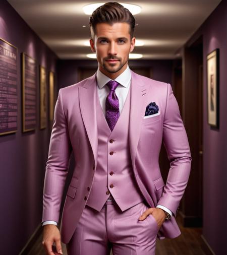 Typographic art (Photo:1.3) of (Ultrarealistic:1.3) <lora:Man_Men_FFashion:1> a man in a pink suit is standing in a hallway, 3piecesuit, intricate suit, guy using the purple fancy suit, stylish suit, elegant suit, well dressed, three piece suit, dressed in a suit, wearing a stylish mens suit, wearing suit, wearing a suit, wearing a suits, suit and waistcoat, well dressed,Highly Detailed,(close portrait:1.3),(Masculine:1.4),attractive,handsome,calendar pose,perfectly detailed eyes,studio lighting,thematic background . Stylized, intricate, detailed, artistic, text-based