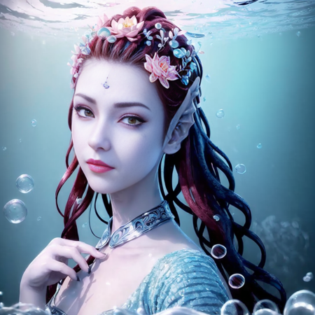 bere, a woman with red hair and a blue and silver headpiece,<lora:bere-10:0.5>,(illustration:1.8),(best quality),(masterpiece:1.5),masterpiece,extremely detailed CG unity 8k wallpaper),depth of field,dramatic angle,(Silver detailed cyan_ribbon and white flowers in the girl's long black_hair:1.25),(braid), (detailed beautiful face:1.3),detailed symmetrical_Blue_eyes,(Ancient palace background far away:1.55),A slight light, (pink flower:1.2),chiaroscuro, ((lotus) in beautiful detailed flowing_clouds_sea:1.3), Rayleigh scattering,(feather headdress:1.15),grass background,nature,((very wide shot)),(((Underwater))),Deep focus,Watermaker(bubbles:1.5),turtles,corals,Floating clothes,bottle with stopperwater in bottle