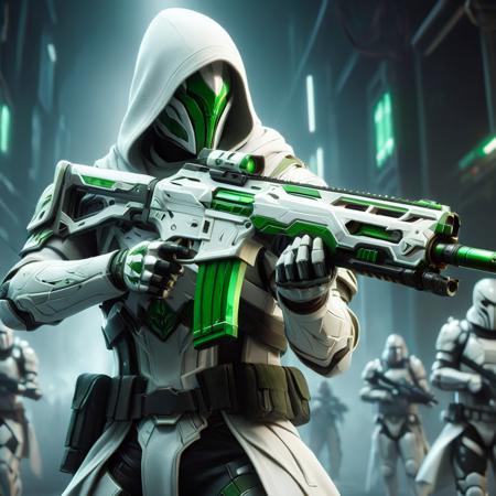 a realistic action shot of a fantasy game character wielding a white and green assault rifle, wearing white armor and hood, futuristic labb in background, HD, masterpiece, best quality, hyper detailed, ultra detailed,