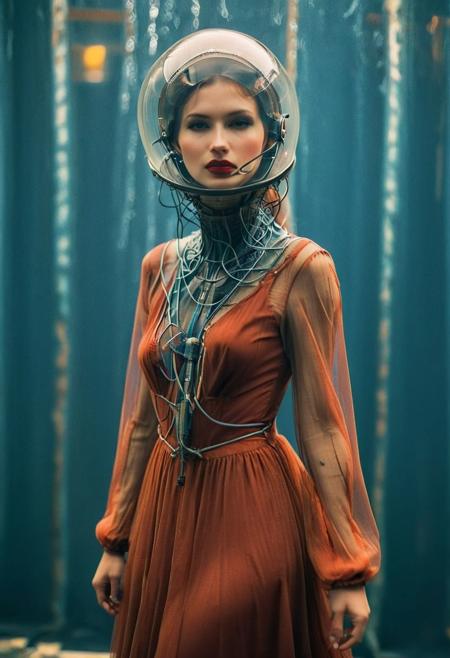 Create an image of an female Slender translucent dark-red skinned female, Long billowing dress Made of cables and hoses, standing at a corner, peeking out curiously. It is wearing a vintage suit with a hat and tie. The colors of the image should be vibrant dark-blue water, giving it a vintage look. The background is a downtown area on a sunny morning, with birds visible in the scene.
 volumetric lighting, atmospheric haze, Film grain, cinematic film still, shallow depth of field, highly detailed, high budget, cinemascope, moody, epic, OverallDetail, gorgeous, 2000s vintage RAW photo, photorealistic, candid camera, color graded cinematic, atmospheric lighting, skin pores, imperfections, natural, shallow dof,