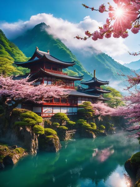 (ultra high res:1.4),(masterpiece),(beautiful lighting:1.4),lush greenery and mountains,japanese buildings,thick fog in the valley,cherry trees blossoming,Bright sunlight illuminates the crystal-clear water,anime,beautiful sky with clouds,depth,chinese dragon flying,