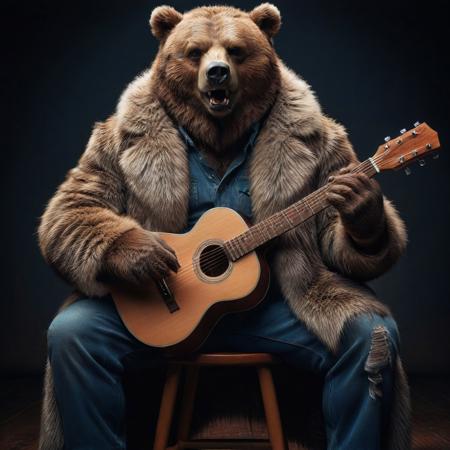 bear playing guitar singing, evang, sitting on a chair, furcoat, evang, detailed face, detailed hair