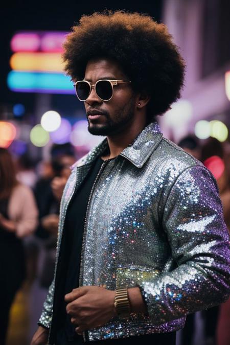 raw photo, upper body, disco, (80s, retro:1.1), dance floor, lasers, rainbow theme, a dancer man, 30 years old, sunglasses, big afro, (manly, wide jaw:1.2), dark skin, sparkly jacket, golden shirt, (vibrant colors:0.9), film grain, bokeh, fashion magazine, hdr, highly detailed photography, (muted colors, cinematic, dim colors, soothing tones:1.2), vibrant, insanely detailed, hyperdetailed, (dark shot:1.2), (vsco:0.3), (intricate details:0.9), (hdr, hyperdetailed:1.2)