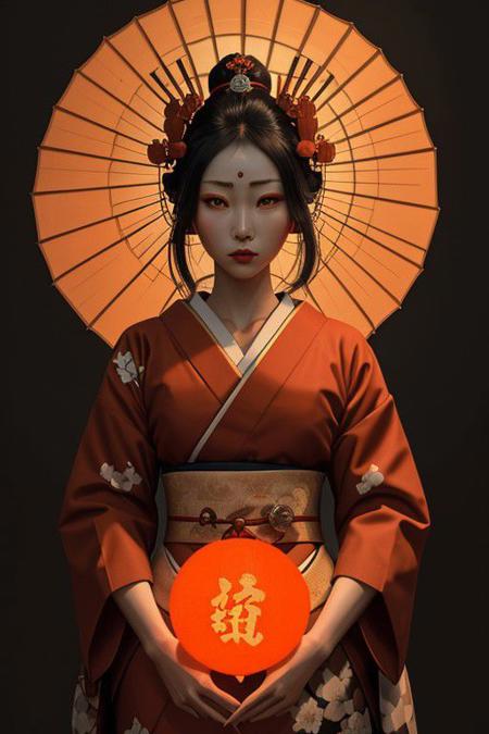 Geisha in a chaotic,  naturally-lit environment devoid of spiritual symbols and scientific elements,  obscured in shades of firing orange and red