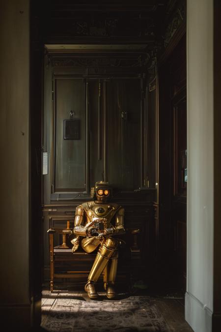 photo of [25 yo Anna:robot:10], [fine art | street], (highly detailed face), (private club, wood furniture), (sitting in the entryway), (dark and moody light:1.4), disappointed <lora:epiNoiseoffset_v2:1>