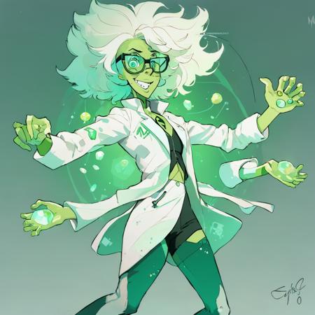 a cartoon woman named chrysoprase, she is a pearl and peridot fusion. two forehead gems, colorful, energetic excited scientist, full body shot juggling colorful stones. four arms, four eyes from steven universe, wearing glasses and a white coat, white hair, with technology in the lab, light green body psychokinetic metal powers, skinny
<lora:sugems-000084:0.7>, by Carne Griffiths, Conrad Roset and Makoto Shinkai, (Grocery store:1.3)