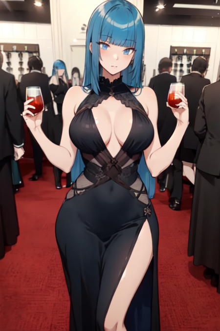 MegamiSaikouMom, 1girl, solo, long hair, blue eyes, large breasts, black dress, cleavage, bare shoulders, very long hair, blue hair, blunt bangs, side slit, alcohol, long dress, 