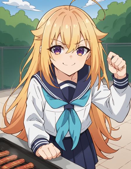 torako koshi, long hair, bangs, blonde hair, hair between eyes, very long hair, purple eyes, ahoge, sidelocks, hair flaps skirt, shirt, long sleeves, school uniform, white shirt, pleated skirt, serafuku, sailor collar, blue skirt, neckerchief, blue sailor collar, blue neckerchief,