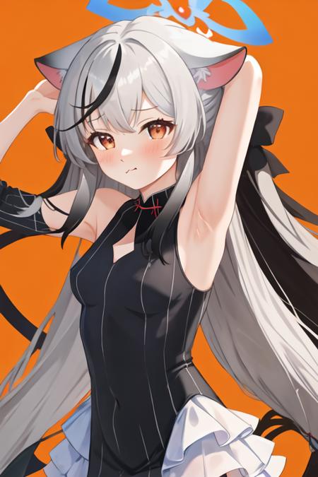 best quality, masterpiece, highres, solo, {kokona_bluearchive:1.15}, animal_ears, grey_hair, long_hair, multicolored_hair, black_hair, halo, streaked_hair, bangs, blush, breasts, brown_eyes, small_breasts, striped, hair_between_eyes, very_long_hair, vertical_stripes, 1girl, animal_ear_fluff, black_dress, closed_mouth, dress, looking_at_viewer, orange_eyes, simple_background, sleeveless, striped_dress, vertical-striped_dress, white_background, :t, armpits, arms_up, pout, sleeveless_dress, upper_body