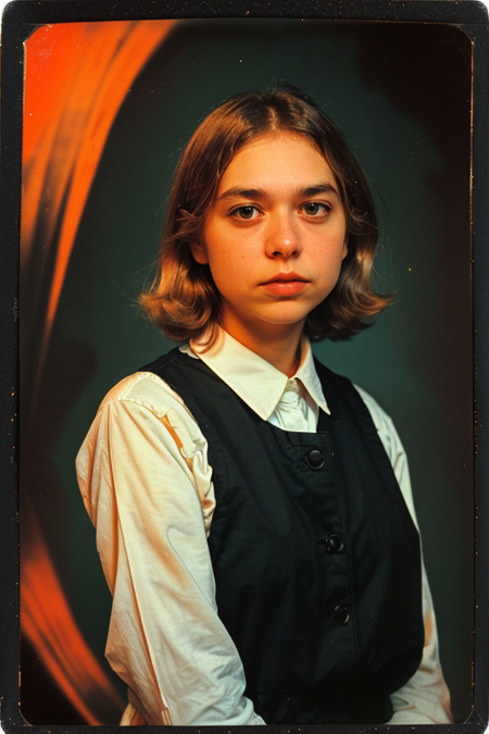 SnailMail, Century Camera Co. Studio, 160mm f/8, 1/10s, ISO 25, ((tintype:1.3)), ((portrait, full color, bold color, orange, red, gradient)), blouse, ((geometric halftone background))