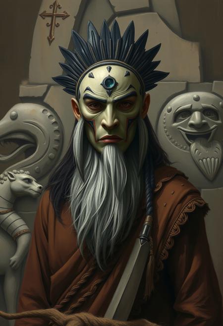 A shamanic figure with a mask-like face, standing against a backdrop of carved stone mythologies
Renaissance portrait realism, modern textured illustration, soft yet structured brushwork, delicate chiaroscuro, warm muted color palette, finely detailed facial expressions, subtle atmospheric lighting, simplified yet expressive backgrounds, balance of precision and painterly abstraction, narrative depth, timeless yet contemporary aesthetic, visual storytelling through light and texture