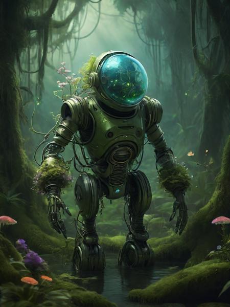 illustration-style picture of a biomechanical entity. The entity is a fusion of technology and nature, with a helmet that resembles a diving suit, its surface covered in verdant moss, twisting vines, and bright, exotic flowers. Its arms are heavy and robotic, adorned with peaceful symbols and patterns. The backdrop is an enchanted swamp, filled with a mystical fog, gnarly trees, and a spectrum of swamp flora. Fireflies dot the air with their luminescent glow. The illustration should have a whimsical and fantastical feel, with vibrant colors and a hand-drawn quality that emphasizes the enchanting aspects of the scene and the organic-meets-mechanical theme.