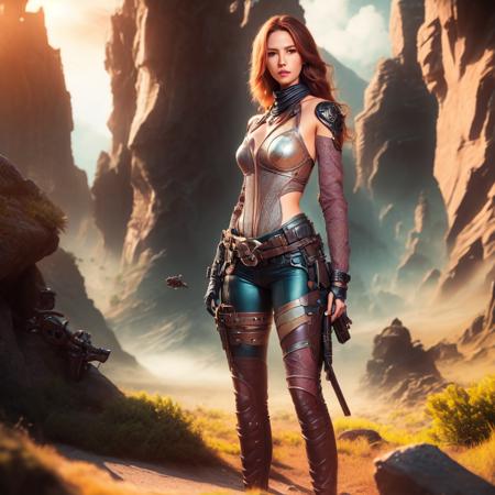 an attractive woman [gunslinger:bounty hunter:0.4] standing in a fantasy wilderness (junglefuturism style:1) <lora:djzJungleFuturism_LB2:0.8>