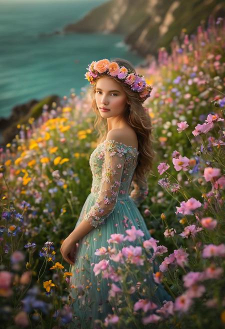 Imagine a whimsical floral portrait, captured with the Canon EOS R5 and the RF 100mm f/2.8L Macro IS USM lens, creating a stunning shallow depth of field effect. The model, surrounded by a sea of vibrant wildflowers, becomes the focal point with a soft blur of pastel-hued blooms in the foreground. The lens, with its macro capabilities, captures intricate flower details in the background, adding a pop of vibrant colors. The soft, dreamy light enhances the ethereal beauty, creating a unique floral fantasy with a delicate balance of sharp focus and creamy bokeh. This whimsical portrait, with its unique blend of sharp and soft focus, showcases the beauty of both the model and the vibrant floral surroundings.