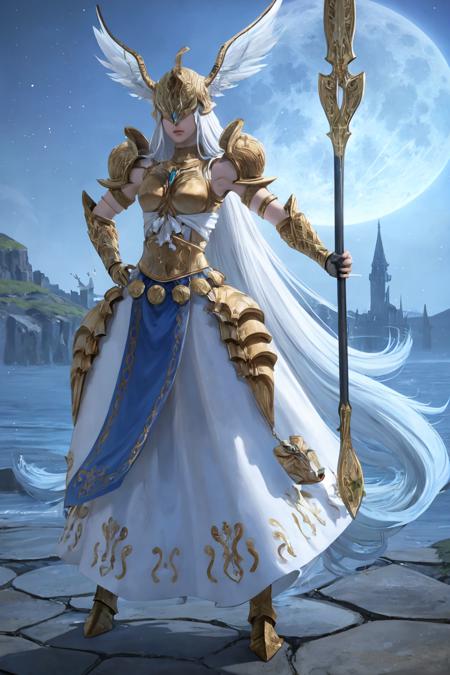 (masterpiece, best quality), outdoors, full moon, full body, 1girl, solo, HaloneFF14, <lora:HaloneFF14_V1-Manityro-dadapt:1>, winged helmet, helmet over eyes, gold armor, shoulder armor, breastplate, armored dress, gauntlets, belt, hands on hips