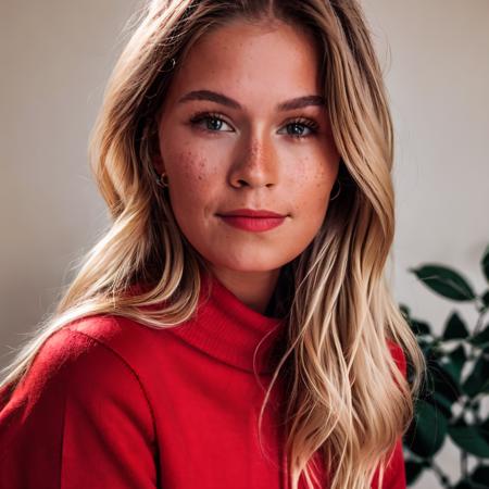 RAW photo of woman melkroll, red sweater, (high detailed skin:1.2), 8k uhd, dslr, soft lighting, high quality, film grain, Fujifilm XT3,  <lora:melkroll:1>