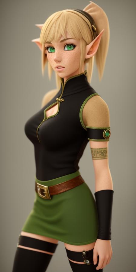 masterpiece, beautiful, detailed,  realistic, <lora:wakfu_evangelyne:1>, 1 woman, solo, adult, mature woman, realistic green eyes, (bangs:1.3), short blonde hair, 1 elf ear, (freckles:1.2), black shirt, black miniskirt, black leggings, gloves, brown belt, brown thigh boots, bare shoulders, (body freckles:1),