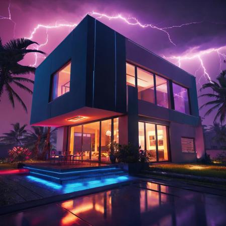 8k,realistic,a beautiful cyberpunk villa,cyberpunk,neo light,colorful,glowing,((night,heavy rain,lightning)),shadows,modern villa,