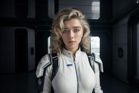 Elizabeth Wheeland as a futuristic space pilot in a plain white uniform, armor, futuristic space hangar in the background, dark, dramatic lighting from the background, rimlight, heroic pose, hyperdetailed, cinematic, realistic, photorealistic, dslr,  wild blonde hair,   
<lora:EWheeland:1>