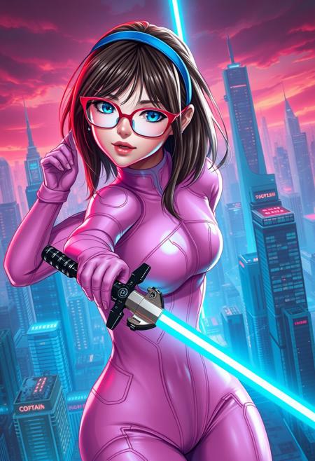 Ultra-realistic,masterpiece,Ultra Sharp,(best quality:1.2),1Girl,(beautiful face:1.1),a japanese girl,glasses, semi-rimless eyewear, red-framed eyewear, blue hairband, brown hair, blue eyes,large breast, in a pink futuristic bodysuit,skin tight,cameltoe, with a laser sword, sword in her hand and a city in the background with skyscrapers, war zone,blushing | (orgasm),looking at viewer, Artgerm, stanley artgerm lau, cyberpunk art, remodernism