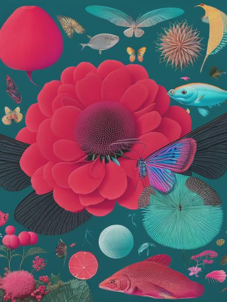 <lyco:MariaSibyllaMerian:1.0> art gallery ephemera/artworks by liao lan, in the style of surrealist collage, digital mixed media, maria sibylla merian, exaggerated anatomy, dark pink and cyan, marine biology-inspired, henri rousseau